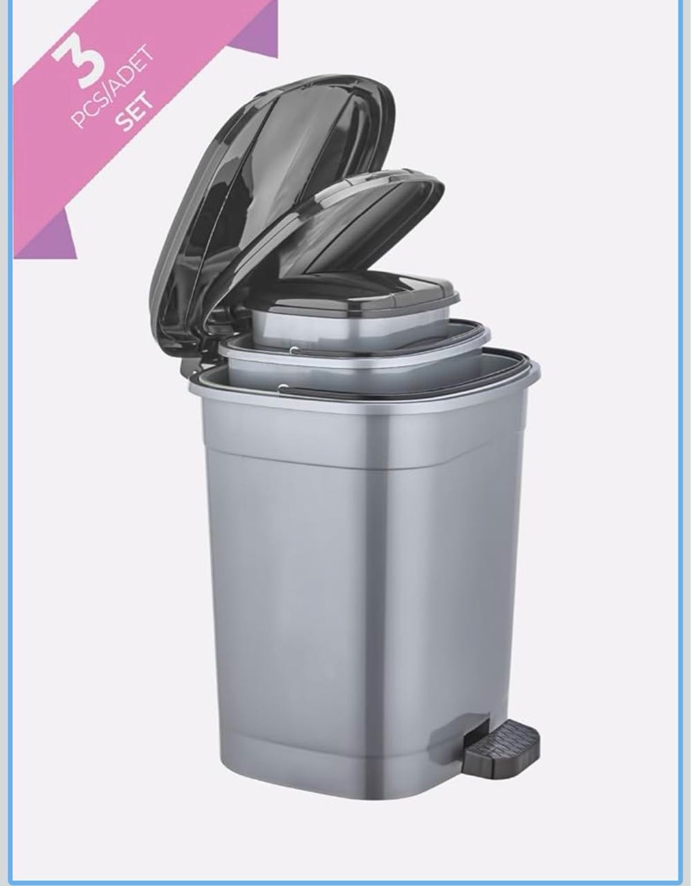 Çöp Kovası Seti 3 Adet Pedallı Gri Banyo Mutfak Çöp Kovası Kapaklı Dış Mekan Bahçe Çöp Kutusu 5 Lt + 10 Lt + 20 Lt - Görsel 1