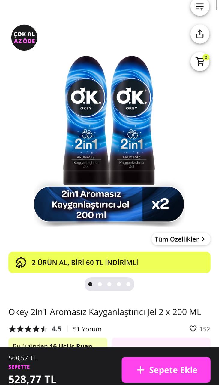Okey 2 İn 1 Aromasız Kayganlaştırıcı Jel 2x200Ml sans100 Kodu İle 428TL’ye Düşüyor - Görsel 1