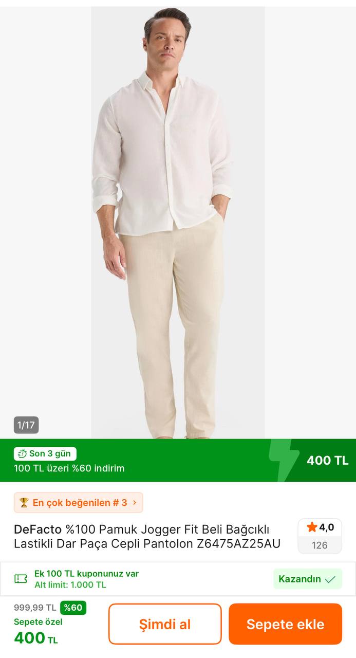 Defacto %100 Pamuk Jogger Fit Beli Lastikli Dar Paça Pantolon 400TL’ye Düştü - Görsel 1
