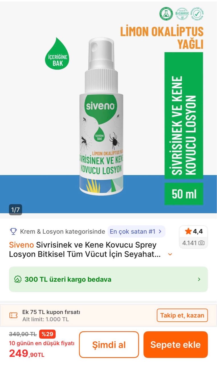 🔥Siveno Sivrisinek ve Kene Kovucu Sprey 50ml
4 al 3 öde kampanyası da aktif 

🔻249TL’ye Düştü