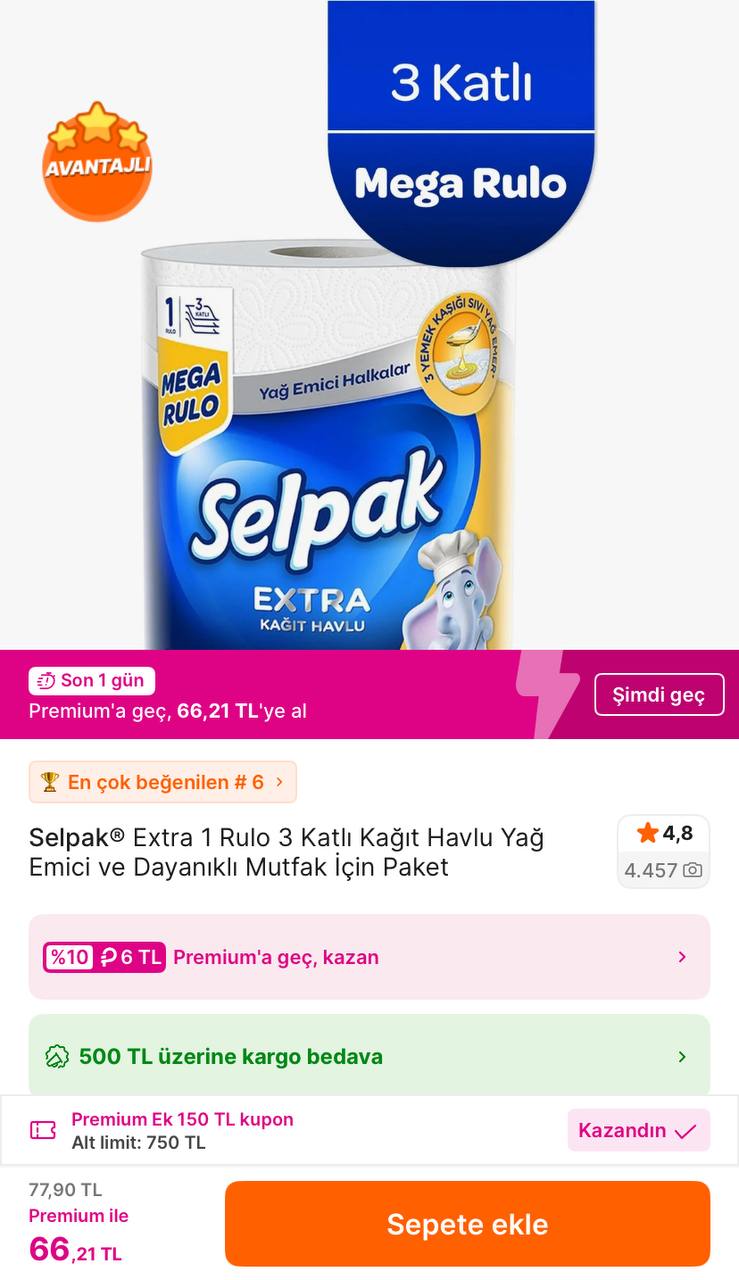 Selpak 1 Rulo 3 Katlı Kağıt Havlu Premium’a Özel 66TL - En Az 2 Adet Alım - Görsel 1