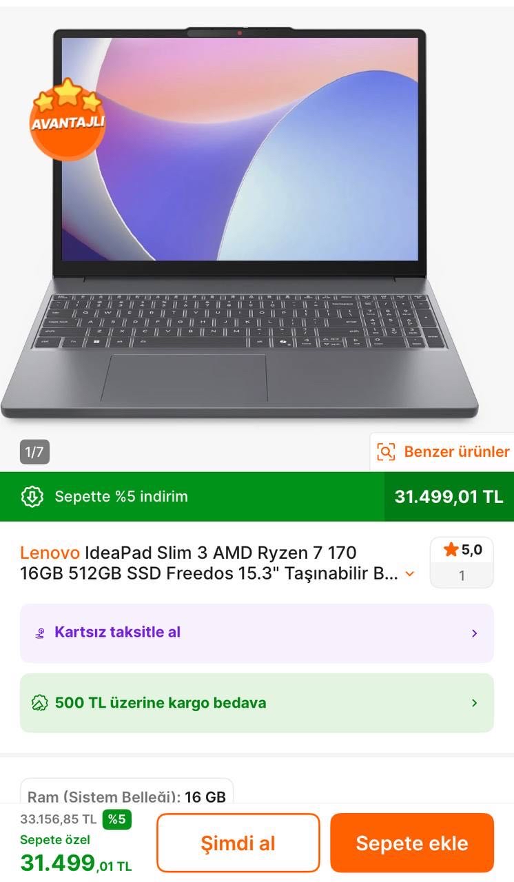 🔥Lenovo İdeapad Slim 3 AMD Ryzen 7 16GB 512GB SSD Laptop

✅31.499TL’ye Düştü - Piyasası 32.998TL+