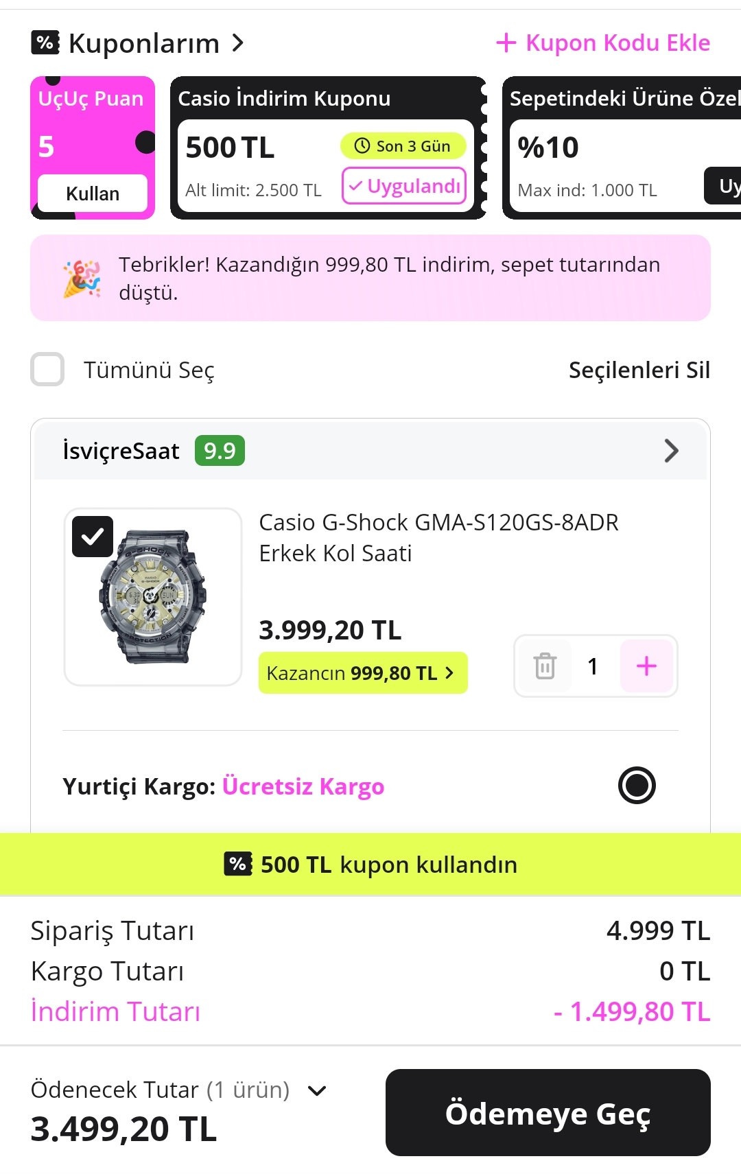 Casio Saatlerde 2500₺ ve 3.500₺ üzerine geçerli 500₺ kupon