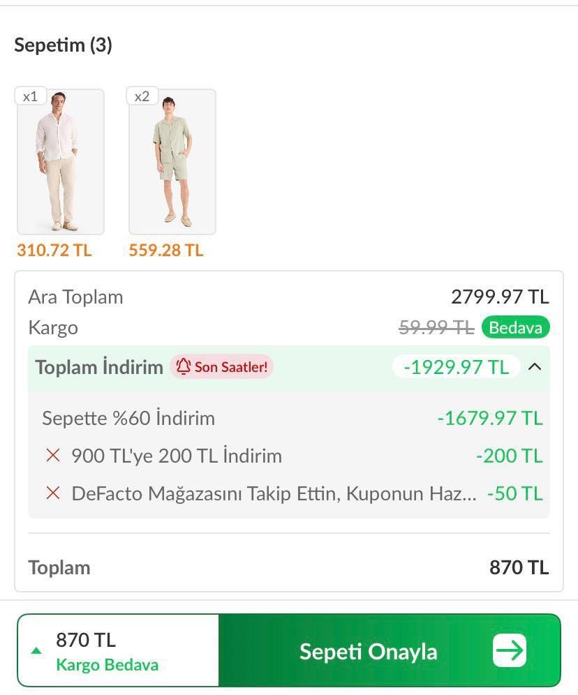 🔥 Defacto Kombo❗️
✅ Linkteki Defacto Ürünlerde 50₺ Takip Kuponu + DEFACTO200 900/200₺ İndirim Kodu Birleşiyor