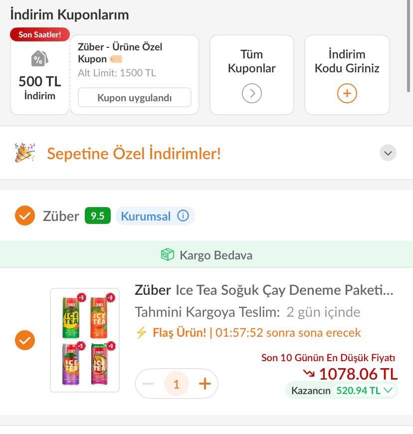 🔥 Züber Ice Tea Soğuk Çay Deneme Paketi 250ml x 36 Adet💰 500₺ Kuponla 1.078₺