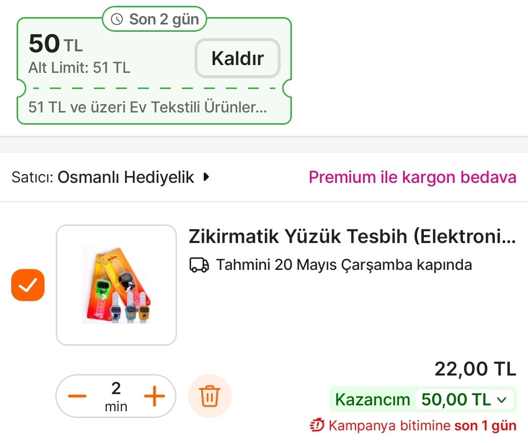 Hepsiburada Alt limitsiz 50 TL kupon geldi2 adet harf balon 60 TLZikirmatik 11 TLOrganizer 49 TL - Görsel 2