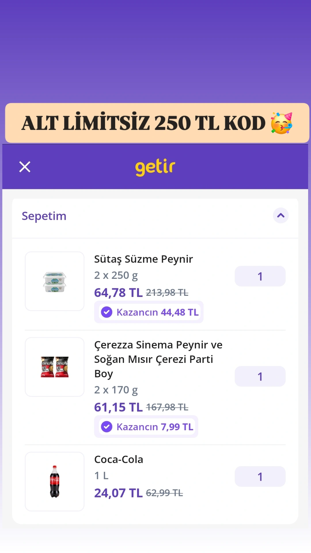 GetirMarket Alt limitsiz 250 TL indirim kodu - Görsel 1