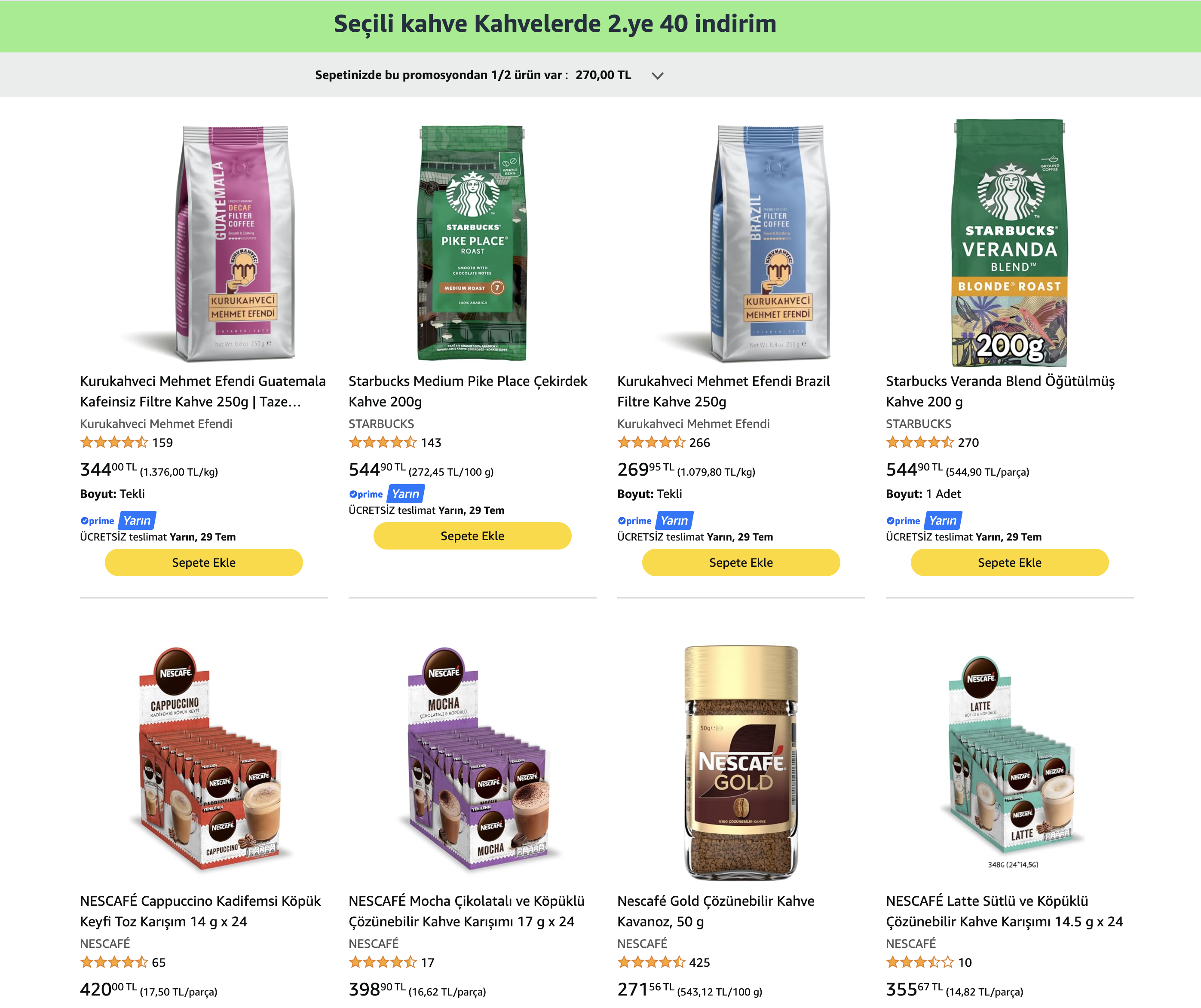 Amazon: Kahvelerde 2.ye %40 İndirim -Starbucks-Moliendo-Nescafe