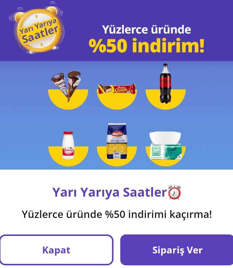 Getir'de yarı yarıya saatler başladı %50 indirim mevcut