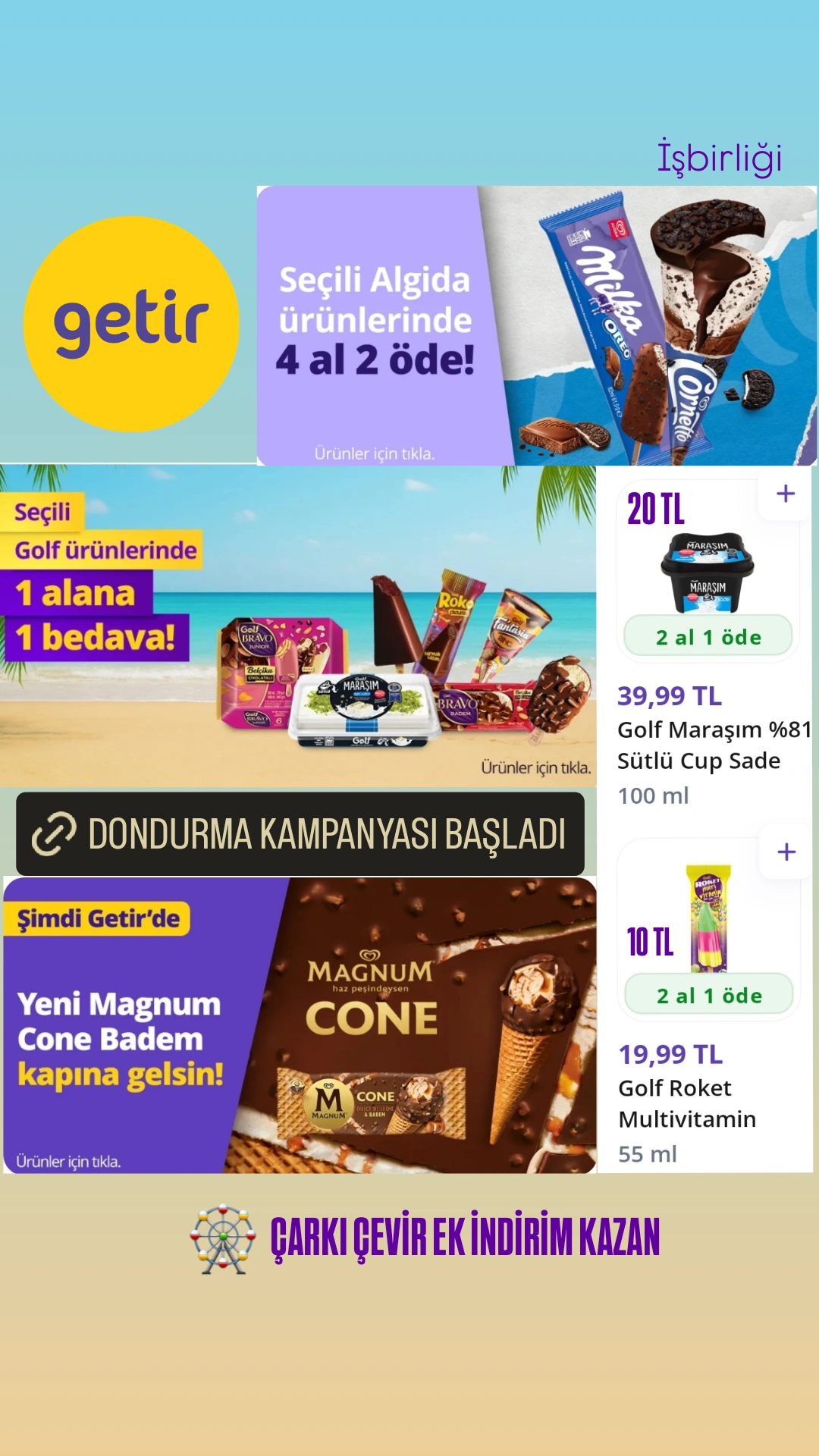 GetirMarket dondurmalarda 2 al 1 öde kampanyası başladı Çark kuponuyla birleşir - Görsel 1