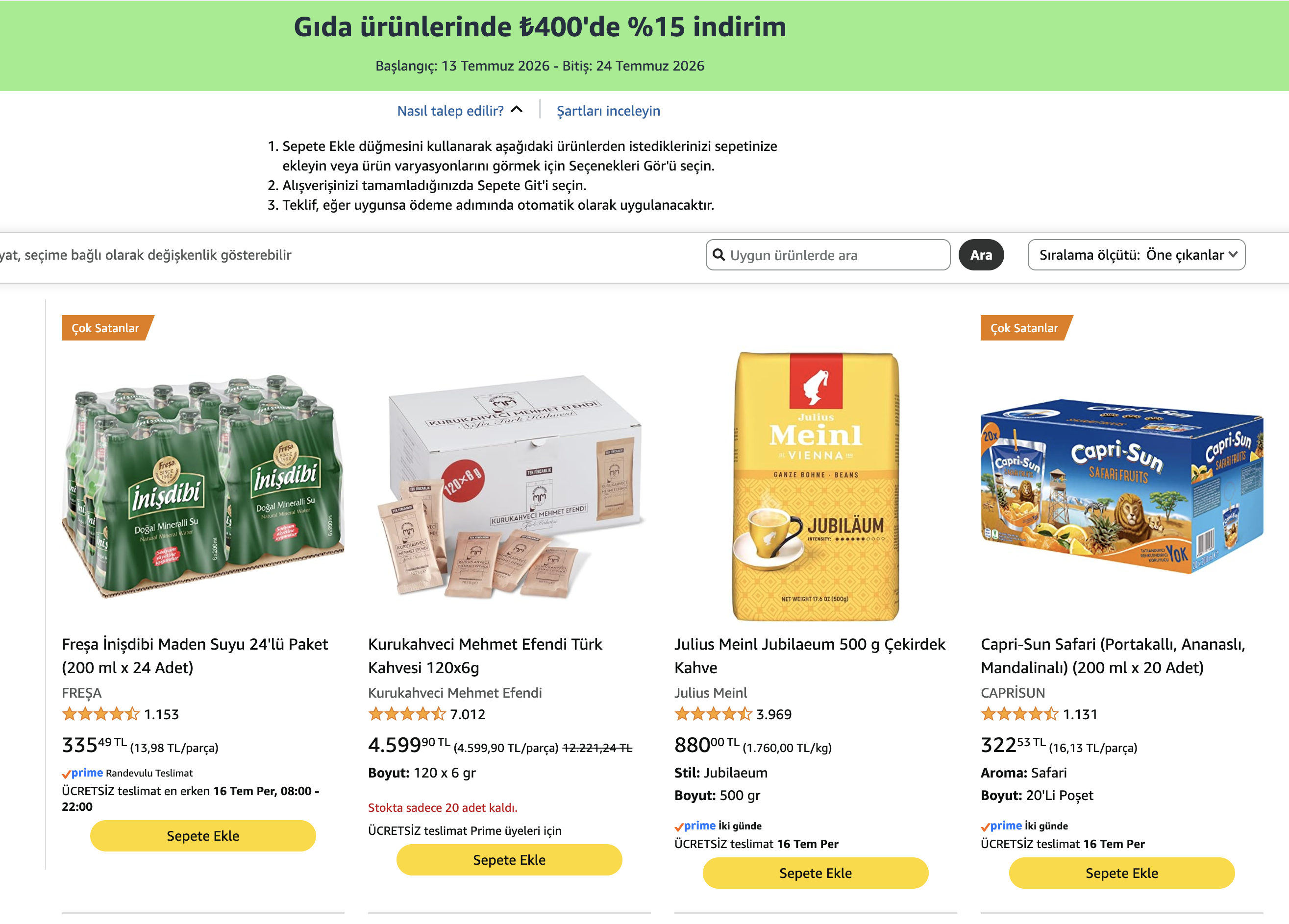 Amazon: Gıda 400TL üzeri %15 indirim