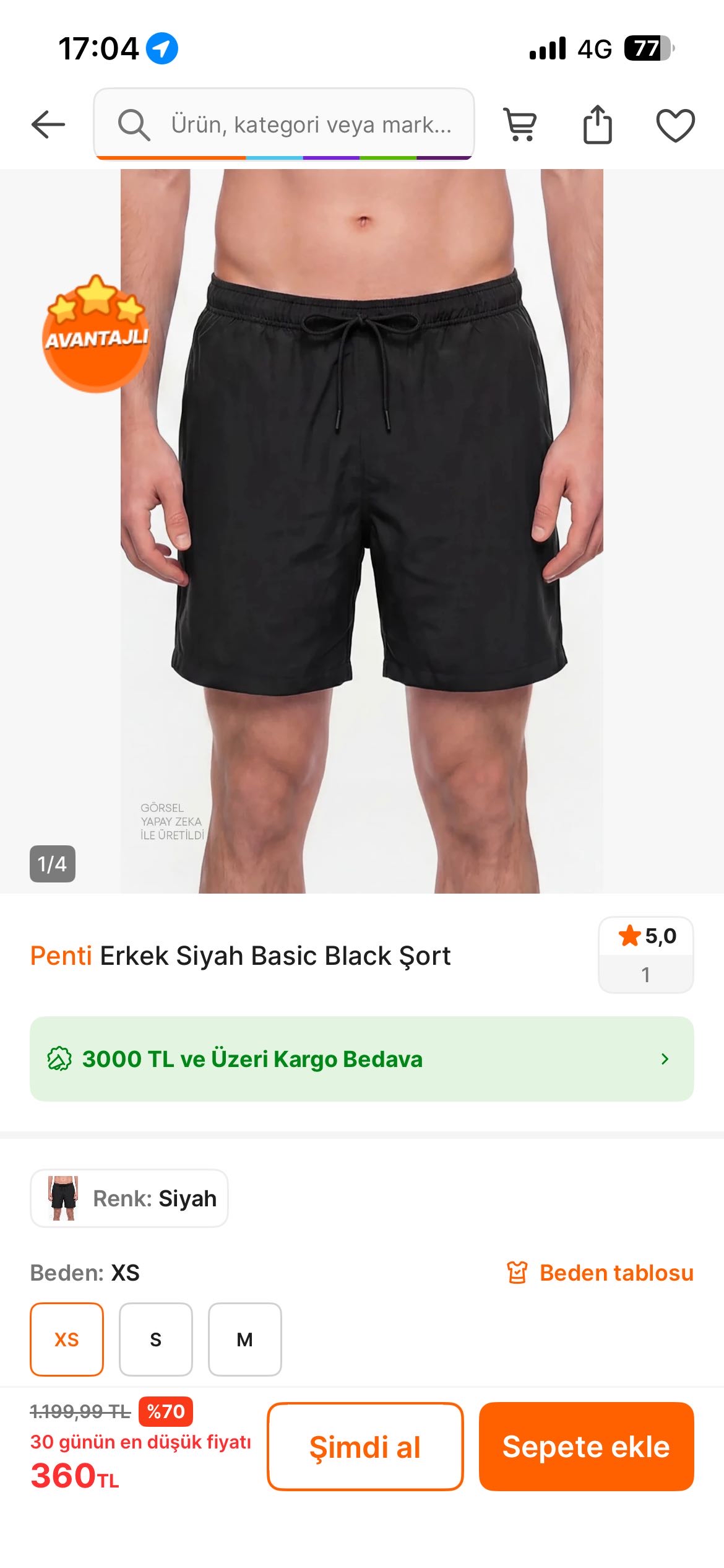 Penti Erkek Siyah Basic Black Şort 360 tl ye düştü