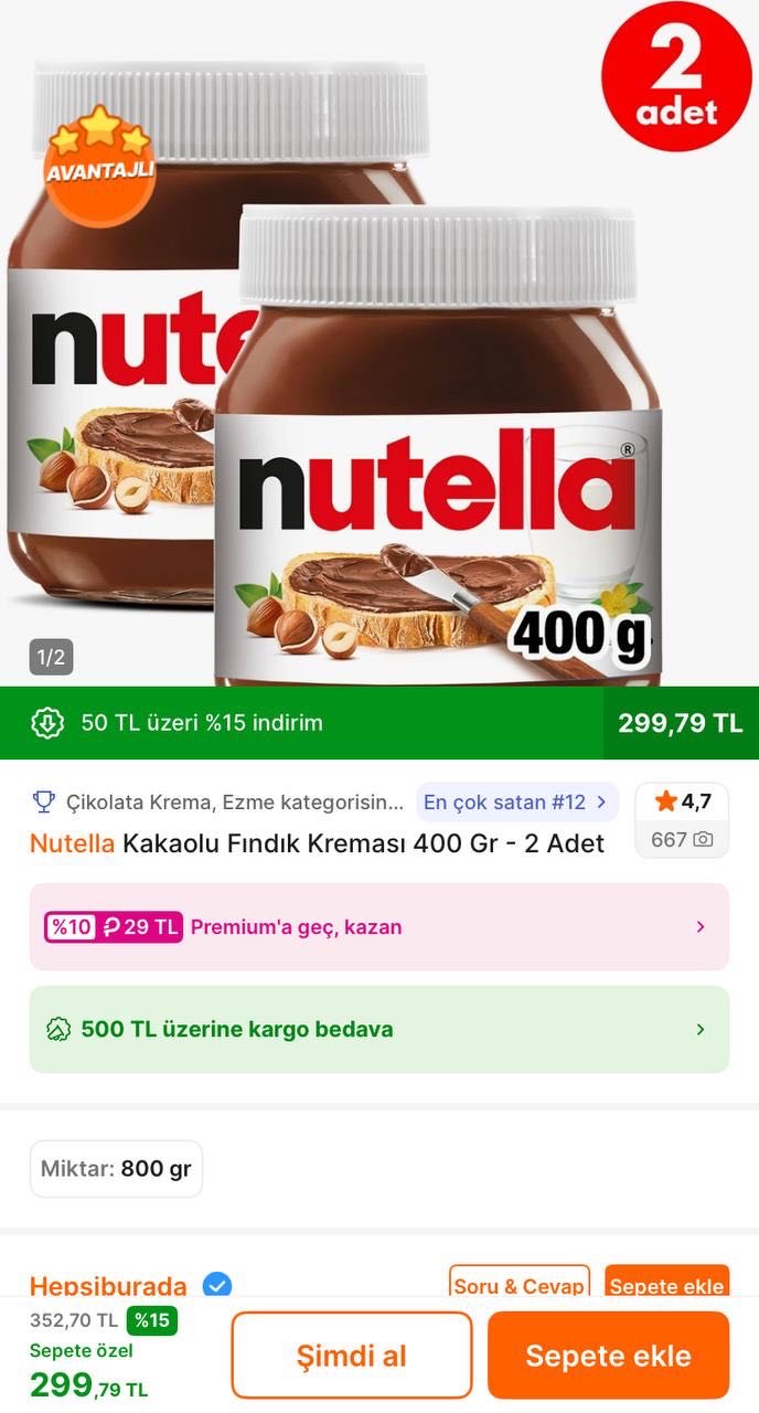 🔥Nutella Kakaolu Fındık Kreması 400Gr 2 Adet 

✅299TL’ye Düştü - Tanesi 149TL’ye Geliyor - Görsel 1