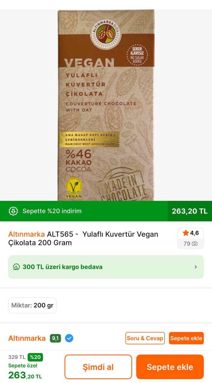 Altınmarka Yulaflı Kuvertür Vegan Çikolata 200Gr 263TL’ye Düştü - Görsel 1