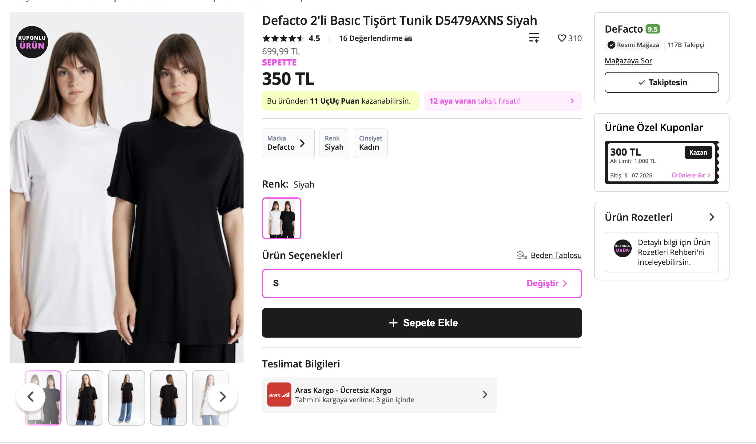 n11.com: Defacto 2'li Basic Tişört Tunik 350TL + 1000/300 kupon - Görsel 2