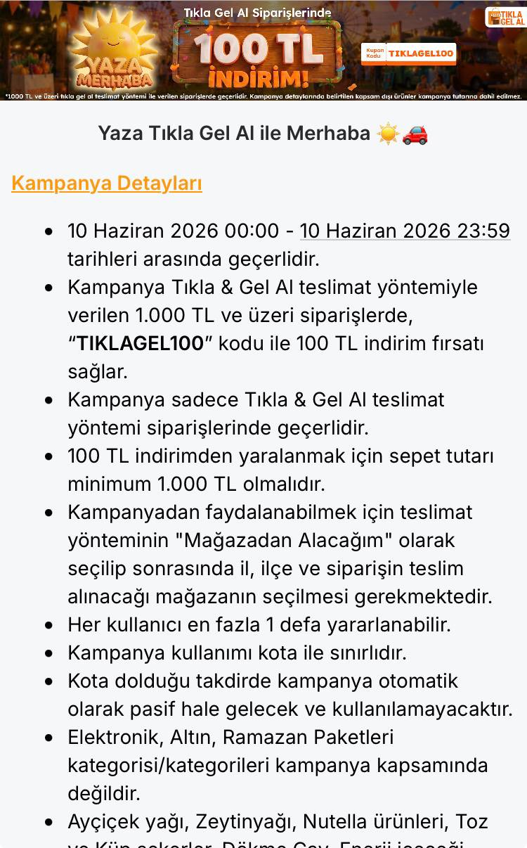 Migros Sanal Market'te bugüne özel 1000₺ üzeri alışverişlerinizde Tıkla Gel Al teslimat seçeneği ile 1000/150₺ indirim - Görsel 1