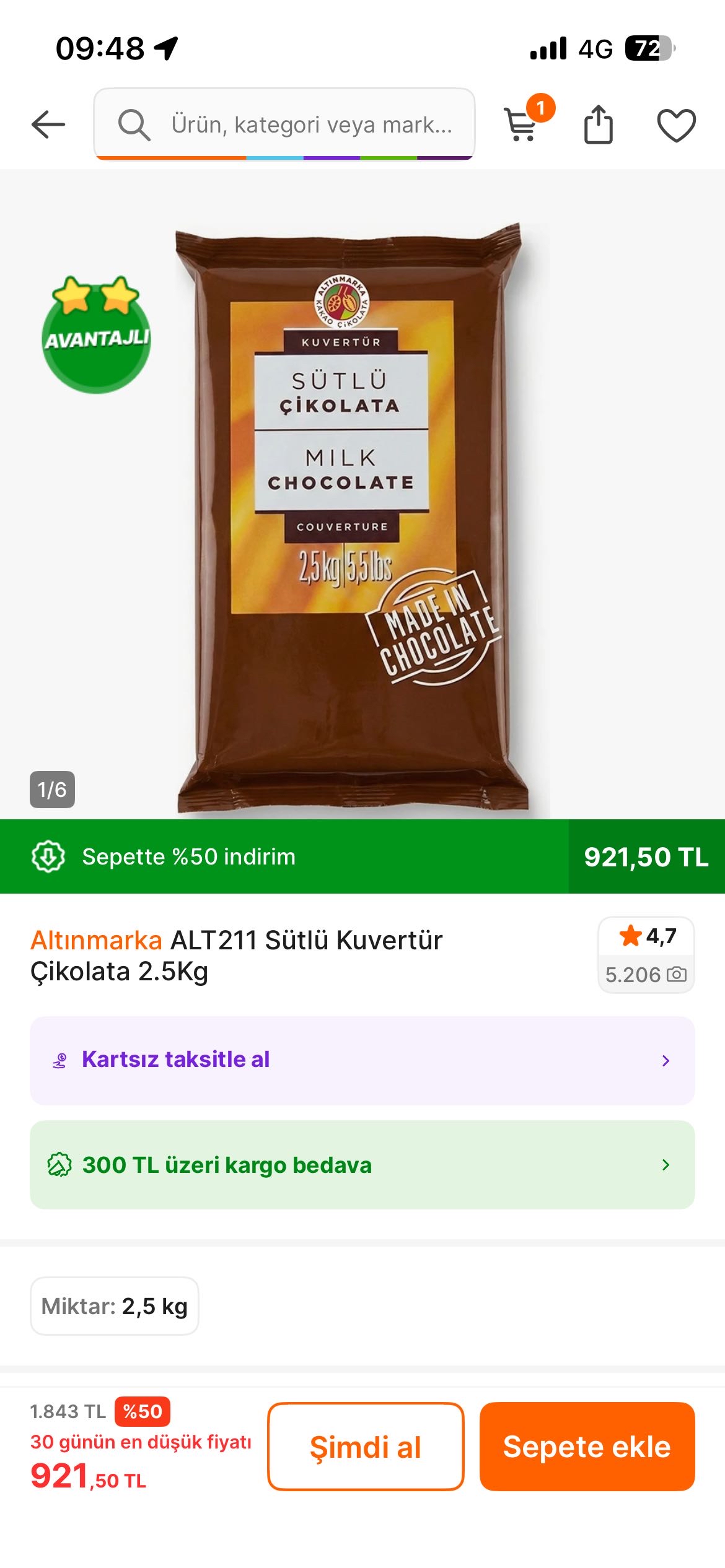 2.5 kg Altınmarka sütlü kuvertür çikolata 921 tl ye düştü