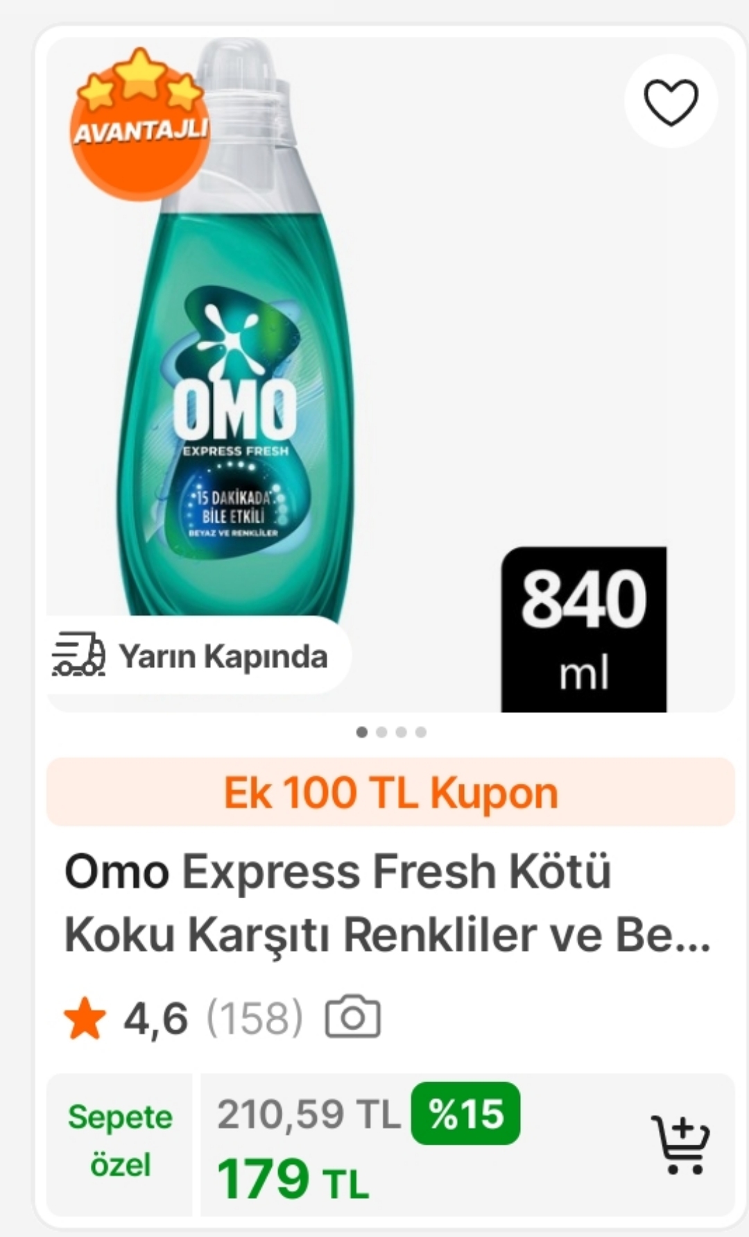 Omo express 840 ml 179 TL 3 adet alımda Tanesi 146 TL