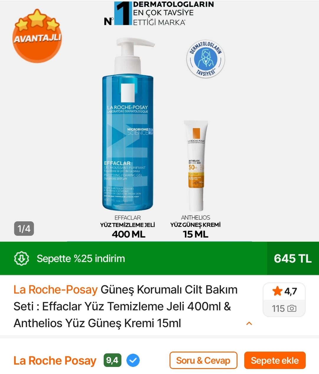 Koşş La Roche-Posay Effaclar Yüz Temizleme Jeli 400ml + Anthelios Yüz Güneş Kremi 645 TL - Görsel 1