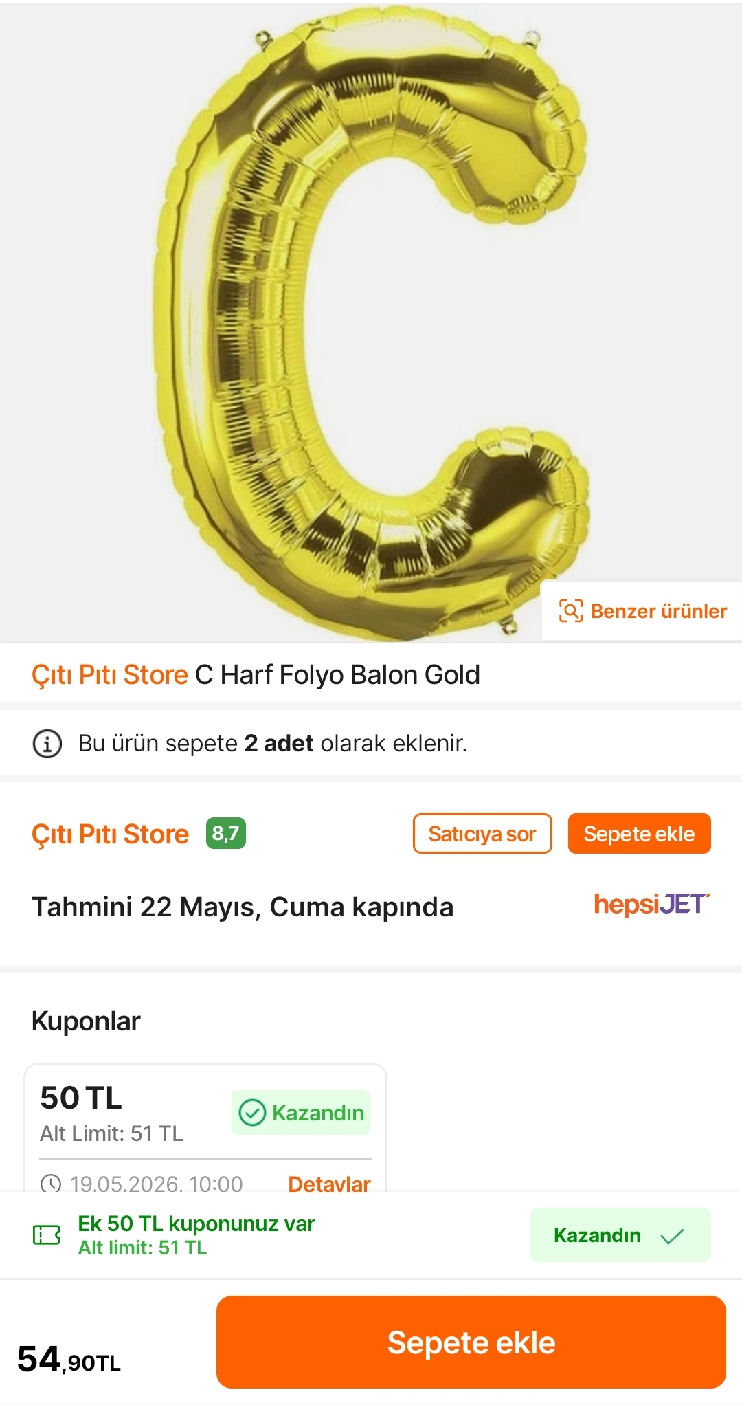 Hepsiburada Alt limitsiz 50 TL kupon geldi2 adet harf balon 60 TLZikirmatik 11 TLOrganizer 49 TL - Görsel 3