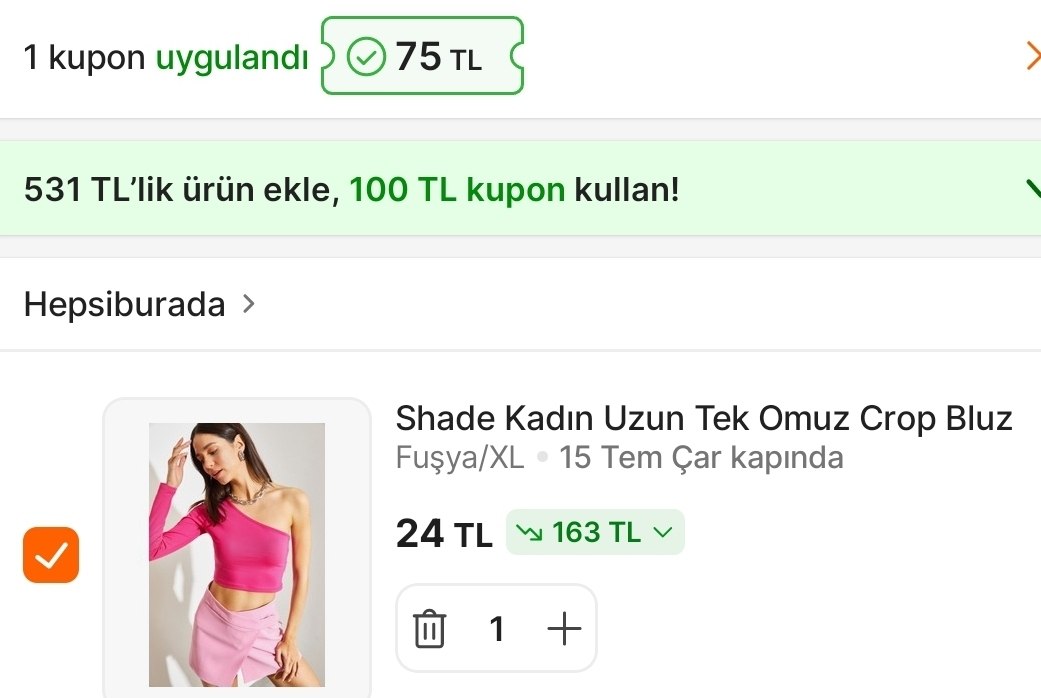 Alt limitsiz 75 TL kuponla tek omuz crop bluz 24 TL - Görsel 1