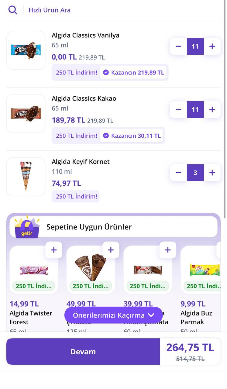 GetirMarket dondurmalarda 500/250 TL indirim fırsatı - Görsel 1