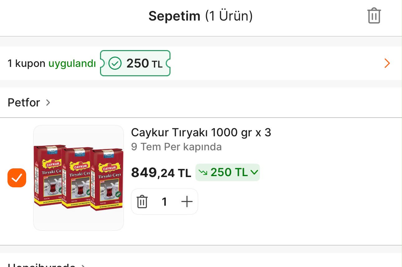 Hepsiburada GIDA250 kodu ile 3 kg çaykur 849 TL - Görsel 1