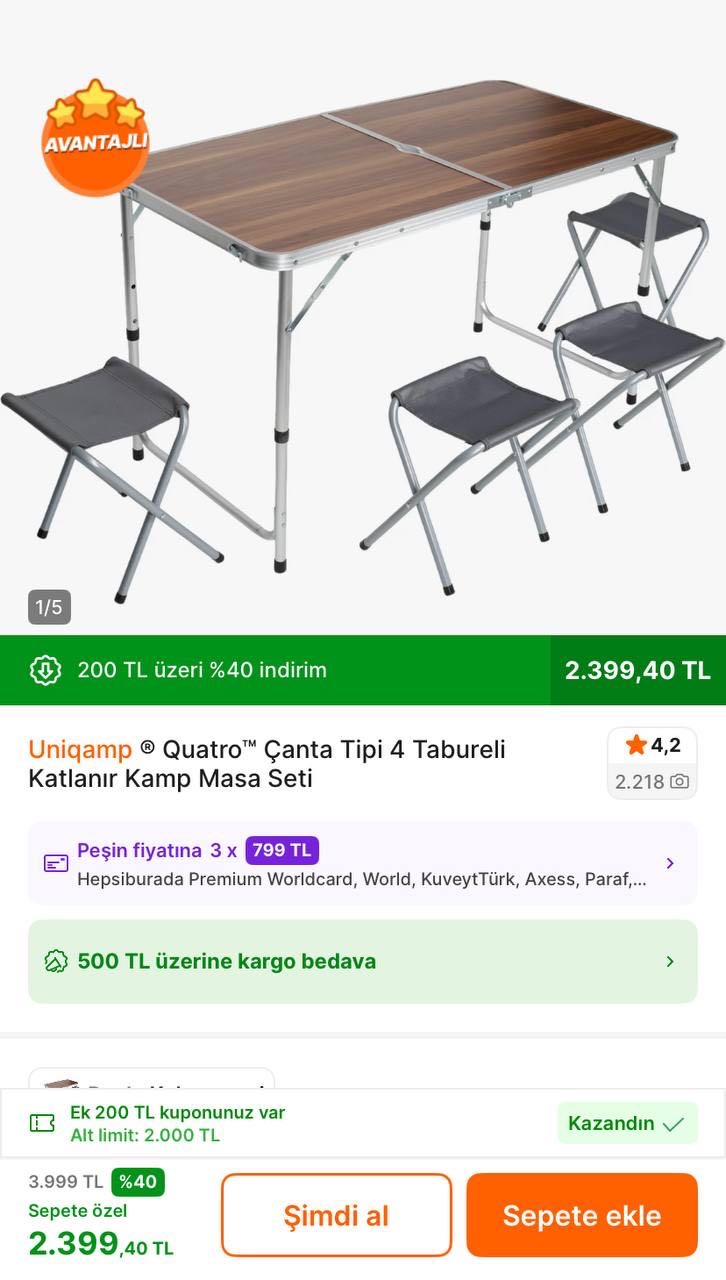 🔥Uniqamp Çanta Tipi 4 Tabureli Katlanır Kamp Masa Seti 

✅Ürün Altındaki 200TL Kupon İle Sepette 2.199TL - Görsel 1