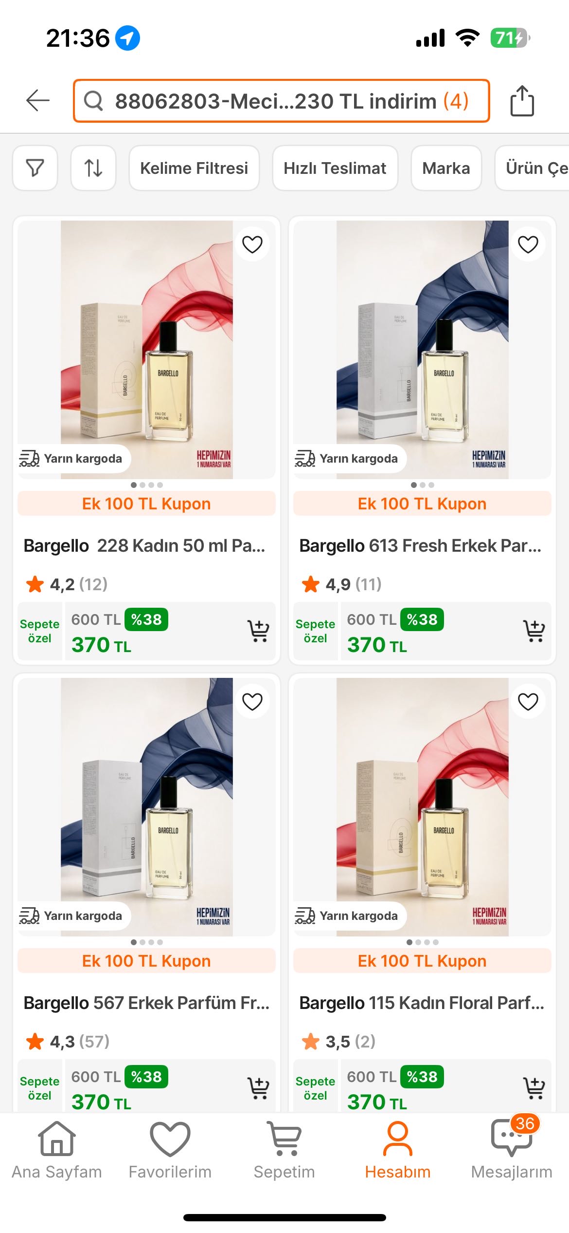 Bargello parfüm tek fiyat 370 tl