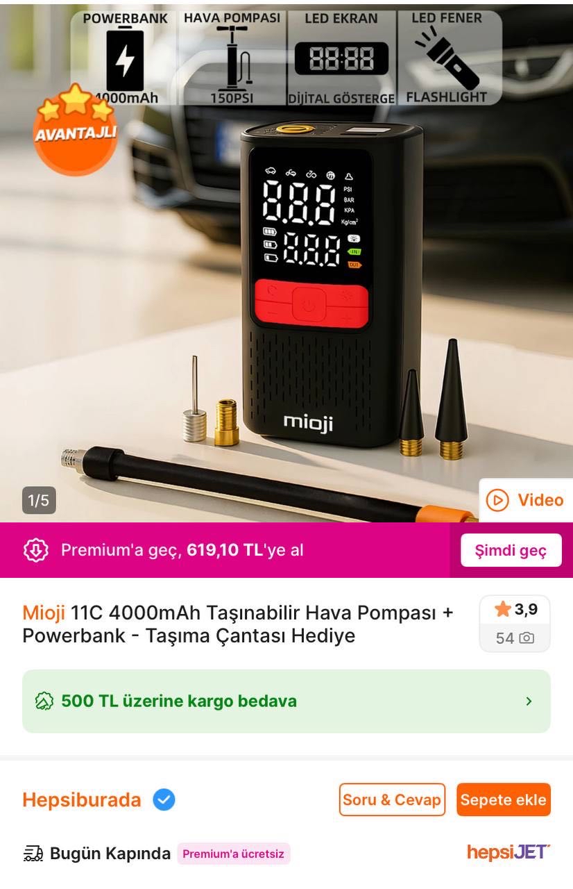Mioji 4000Mah Taşınabilir Hava Pompası + Powerbank ✅719TL - Piyasası 1.349TL+