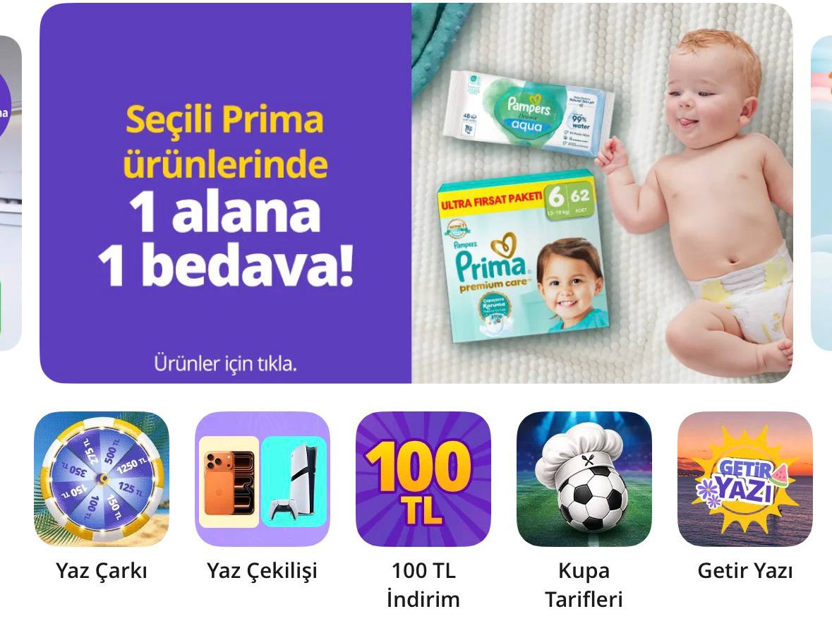 GetirMarket Prima bebek bezleri ve ıslak mendilleride 1 alana 1 bedava fırsatı - Görsel 1