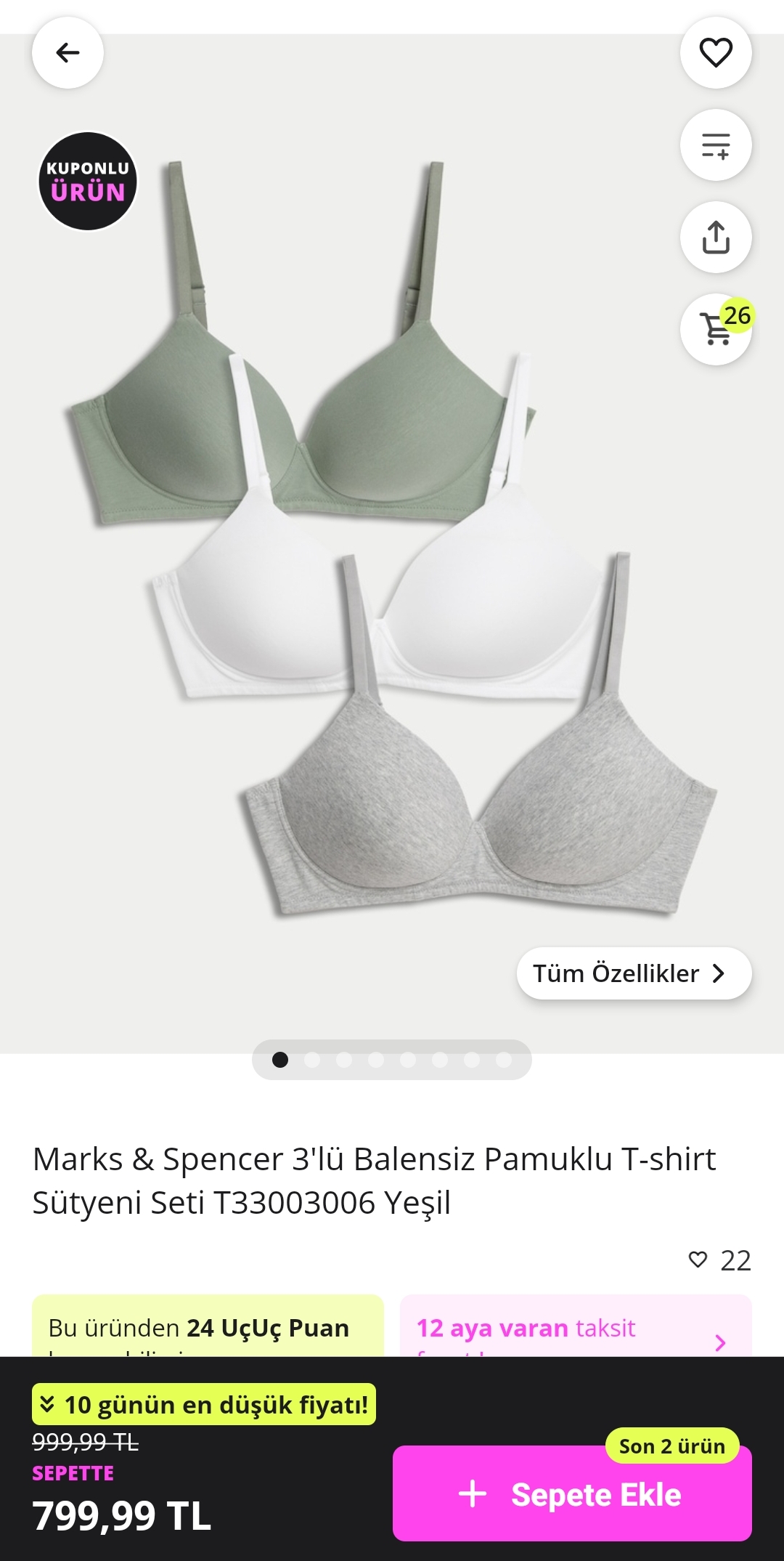 Marks & Spencer 3'lü Balensiz Pamuklu T-shirt Sütyeni Seti 650TL