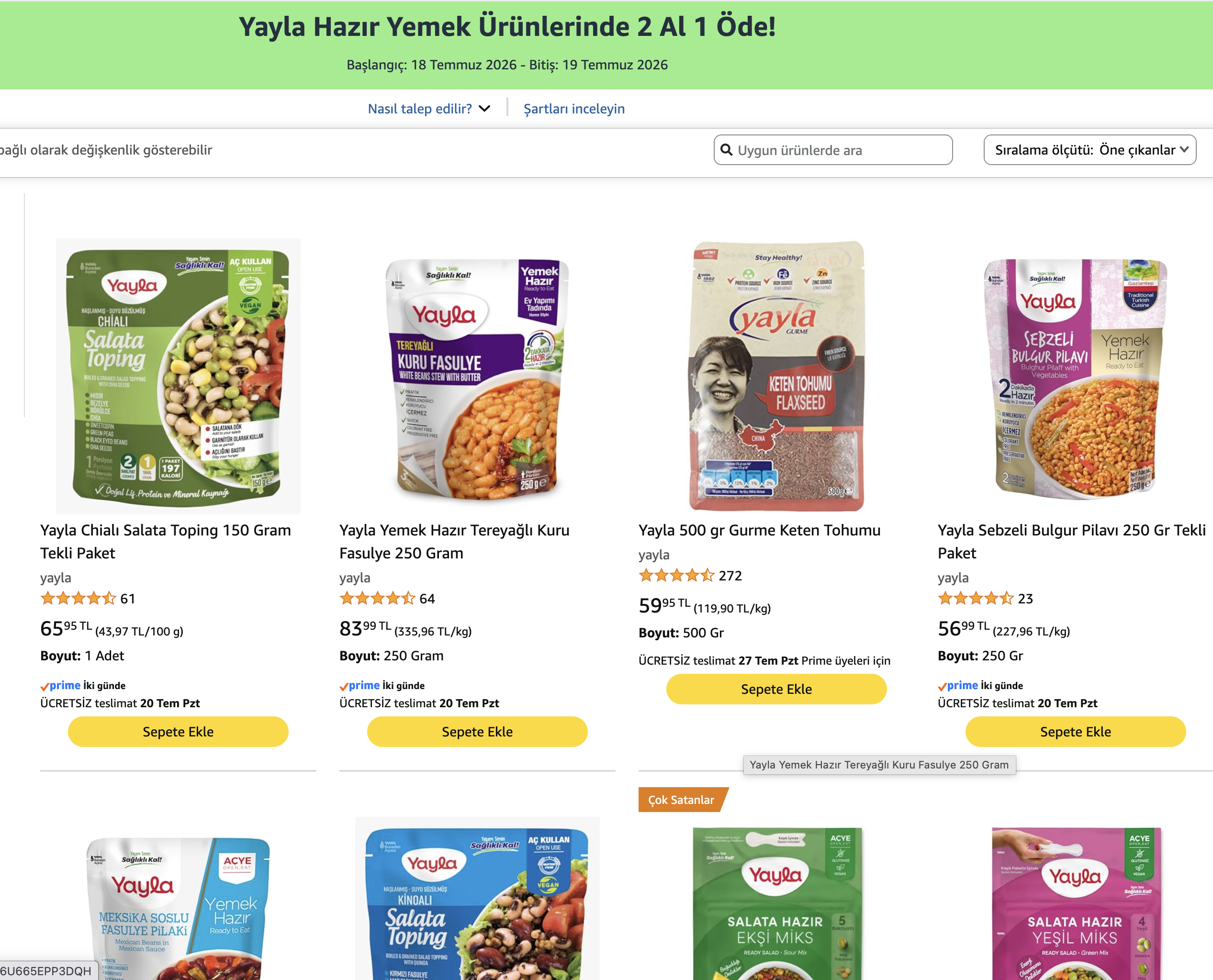 amazon: Yayla Hazır Yemek Ürünleri 2 Al 1 Öde!