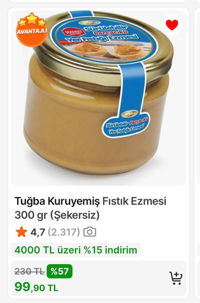 Tuğba kuruyemiş fıstık ezmesi 99 tl düştü