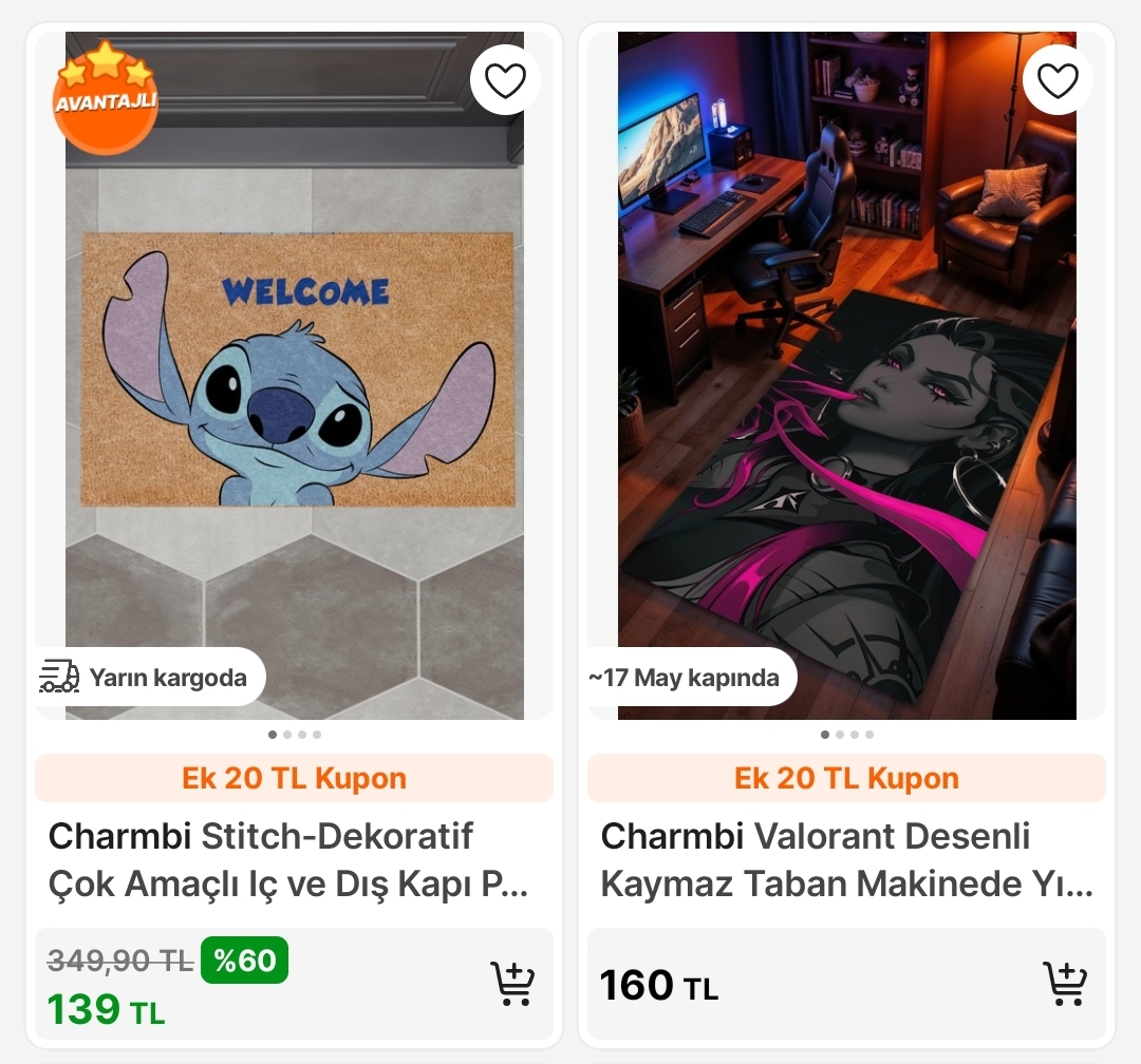 Valorant desenli gamer halısı 160 TL
Stitch kapı paspas 139 TL - Görsel 1