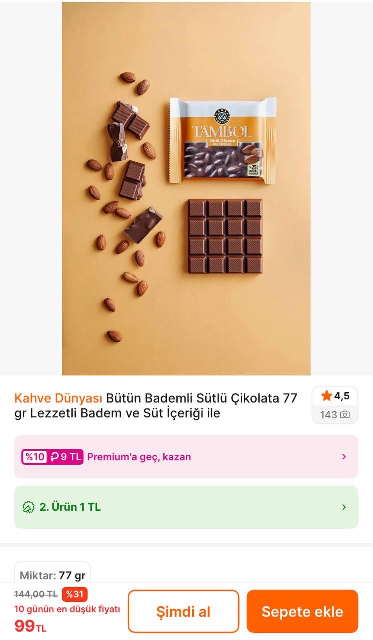 Kahve Dünyası Bütün Bademli Sütlü Çikolata 77Gr

✅2’li Alımda 2. Ürün 1TL İle Tanesi 50TL