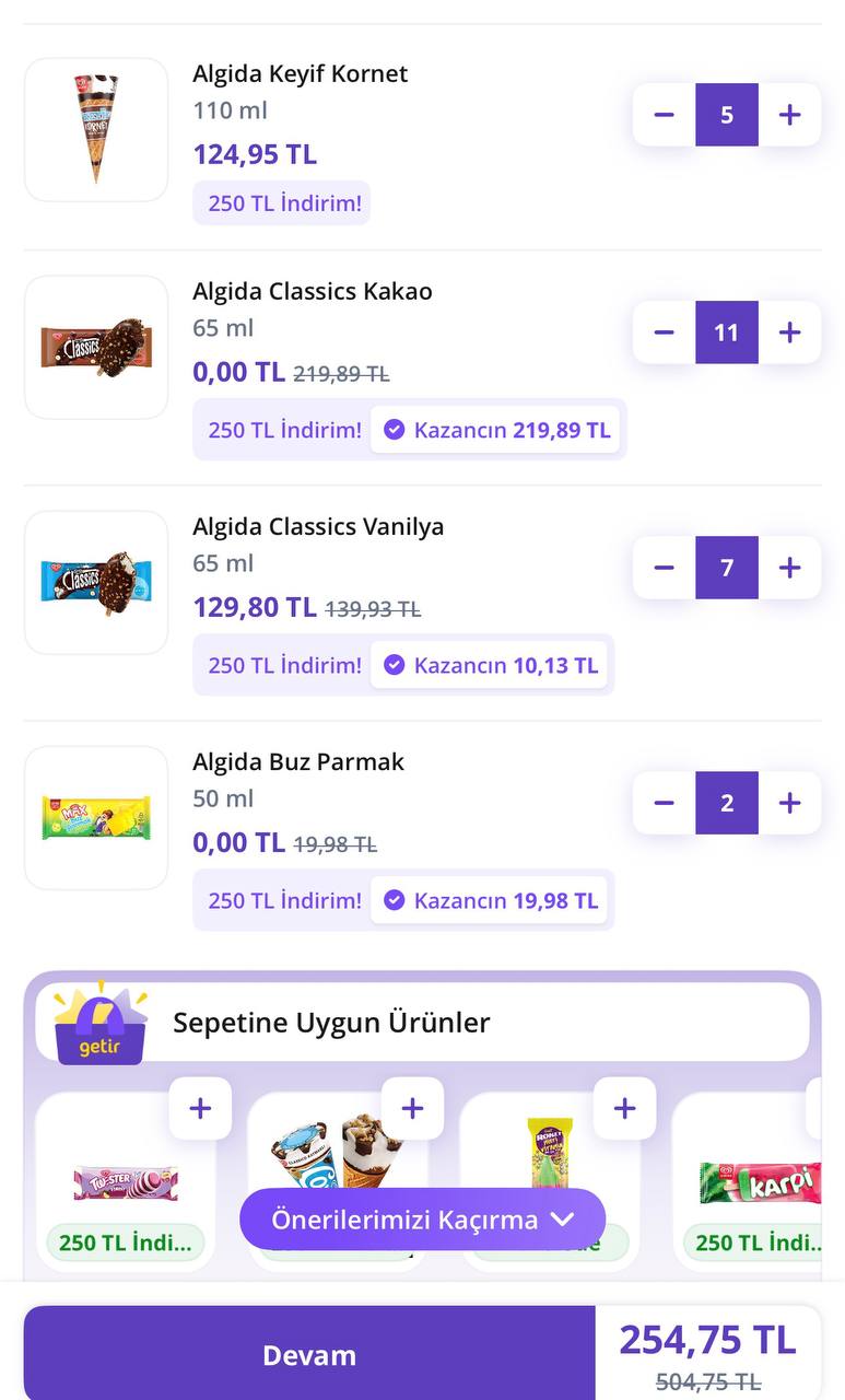 GetirMarket 500/250 TL Dondurma indirimi başladı - Görsel 1