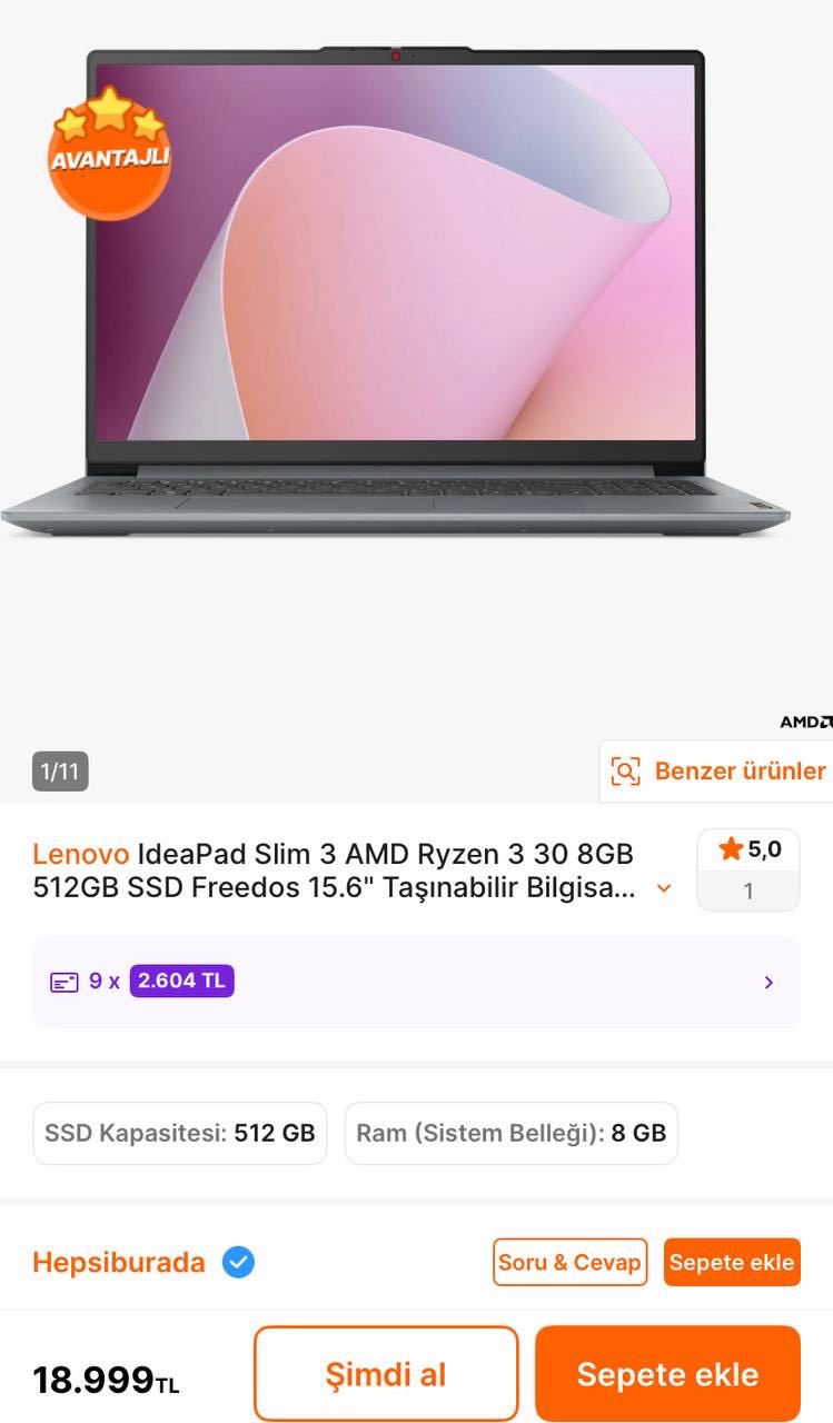 🔥Lenovo İdeapad Slim 3 AMD Ryzen 3 8GB 512GB SSD Laptop 

✅18.999TL’ye Düştü - Piyasası 19.999TL+ / Peşin Fiyatına 3 Taksit İmkanı