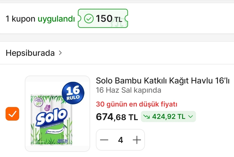 🔥 Solo Bambu Katkılı Kağıt Havlu 16’Lı 206 TL (4 Adet Alımda 168 TL) - Görsel 1