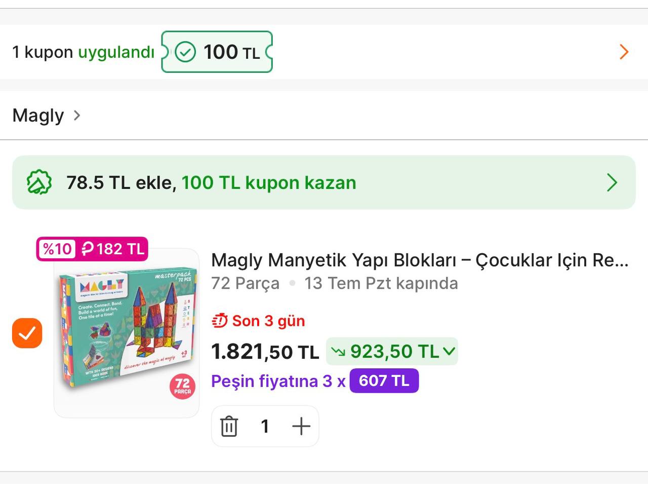 Magly 72 parça manyetik blok 1639 TL