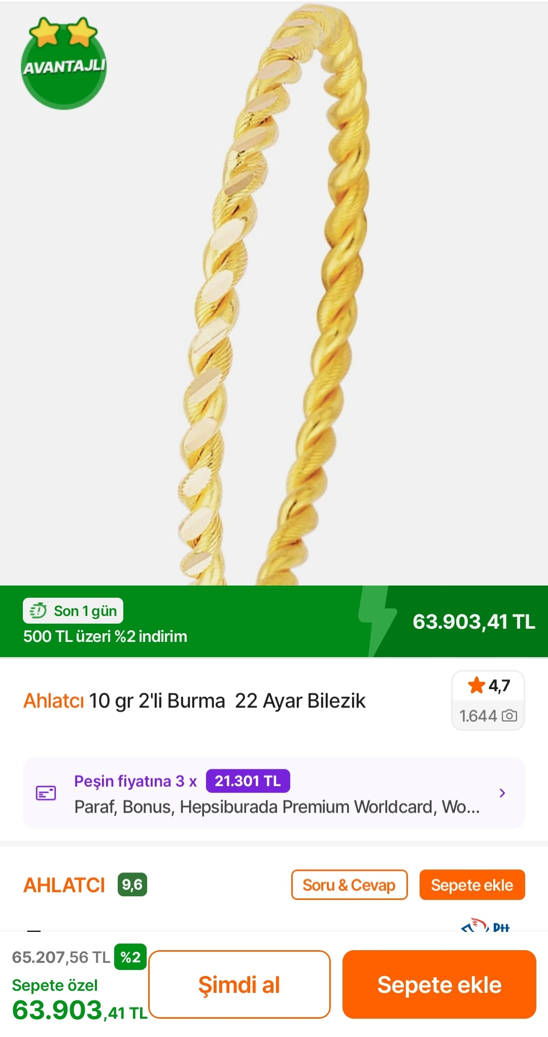 Ahlatcı 10 gram bilezik 63.903 TL
Peşin fiyatına 3 taksit imkanı
