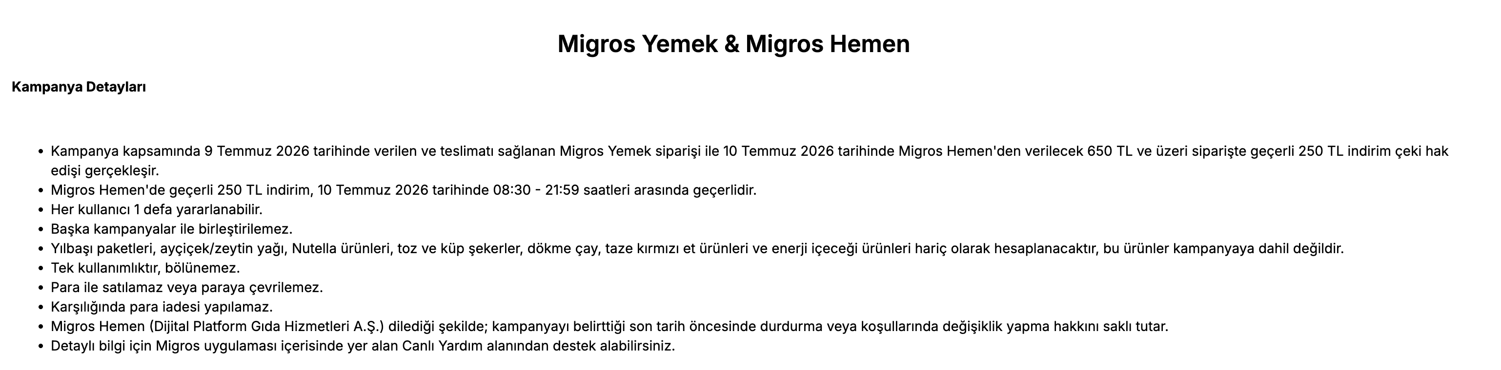 Migros Yemek & Migros Hemen: 650 TL Üzerine 250 TL İndirim