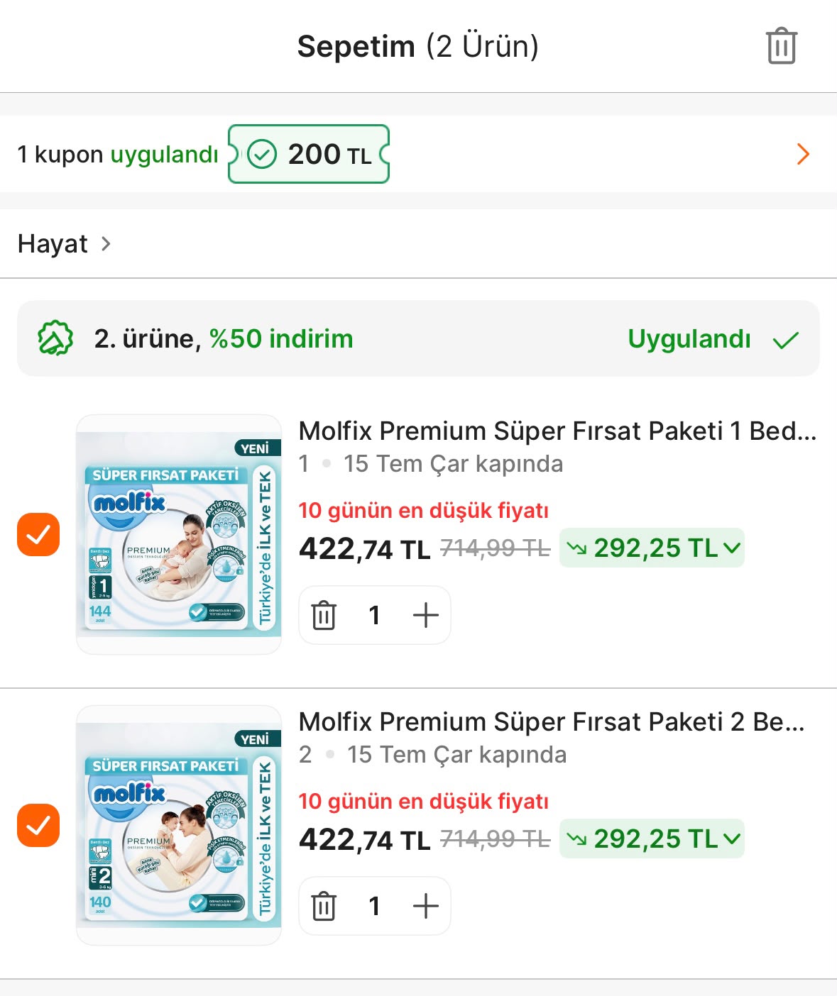 Molfix Bebek Bezlerinde 2. Ürüne %50 İndirim + 900₺ye 200₺ kupon sepette birleşiyor