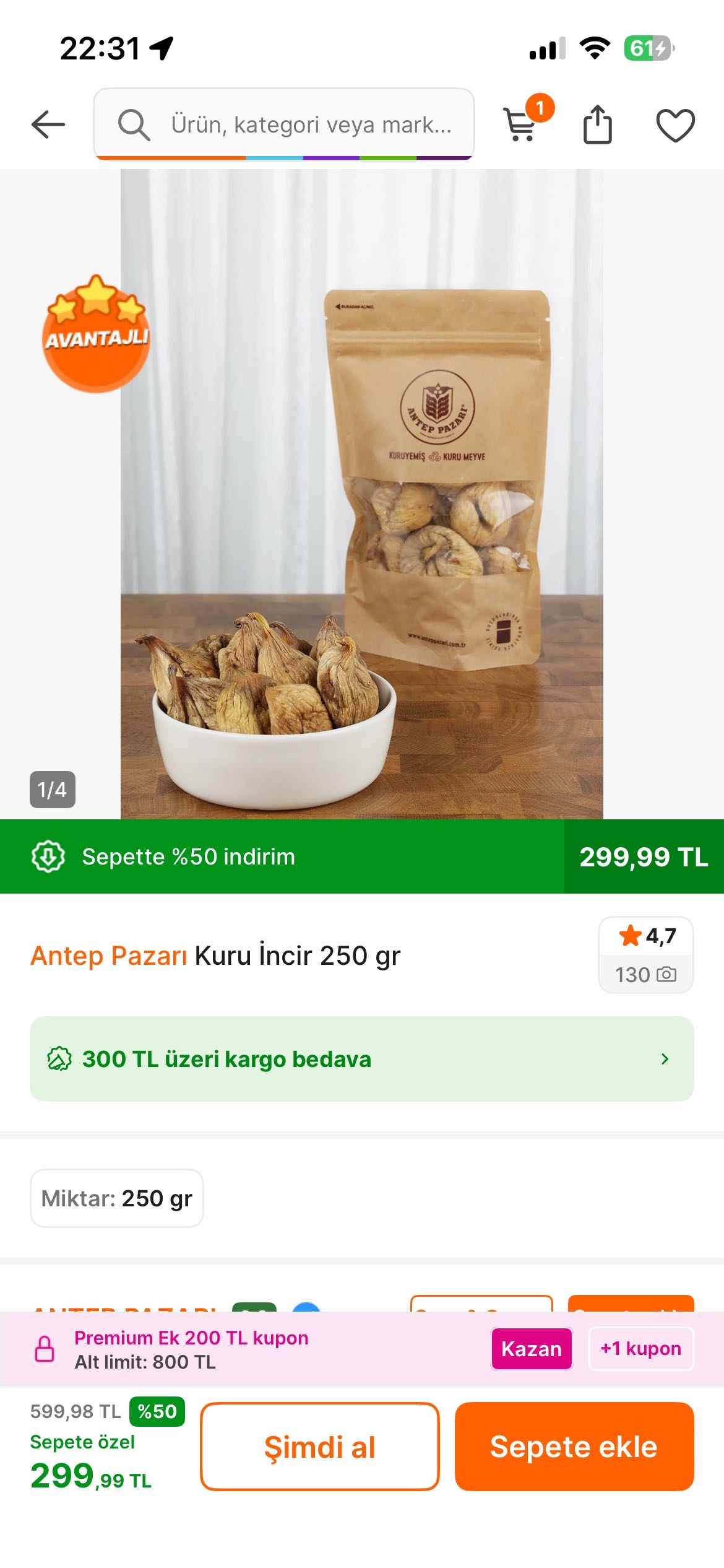 Antep pazarı 250 gr kuru incir 299 tl
