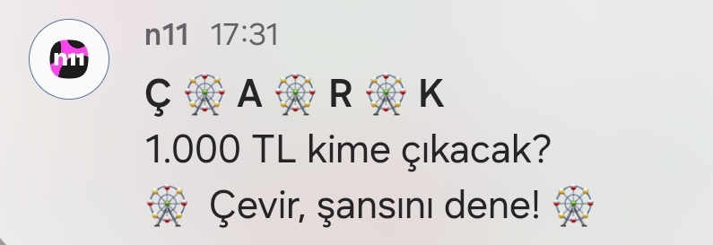 N11 kuponmatik çarkı aktif
Bana 1.000/200 TL verdi - Görsel 3