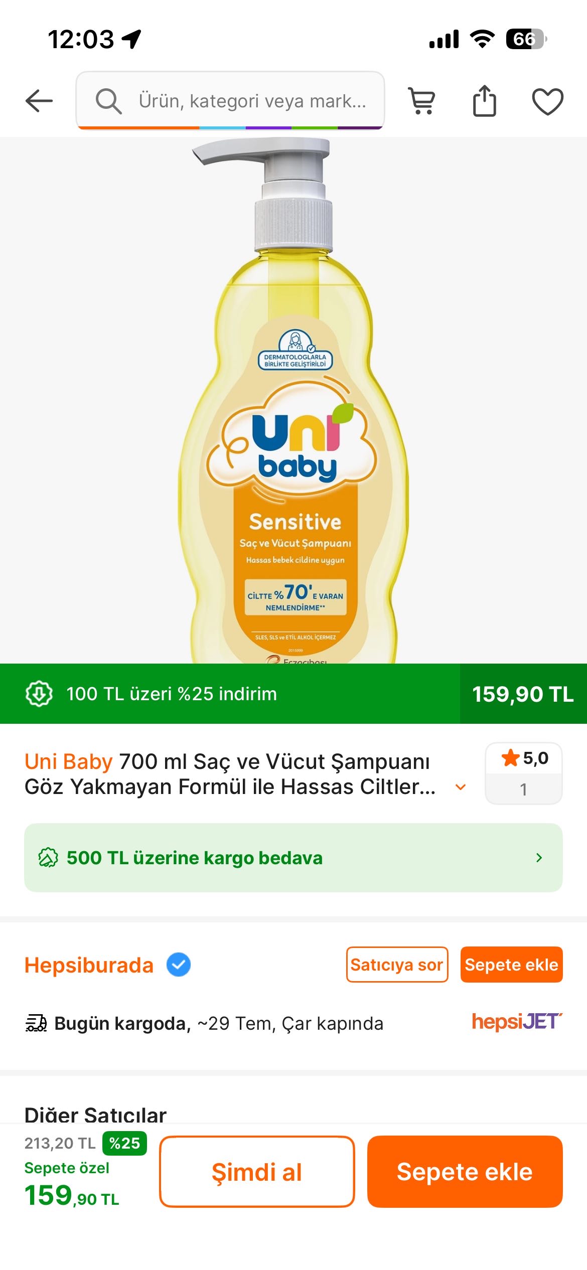 Uni Baby 700 ml Saç ve Vücut Şampuanı 159 tl ye düştü