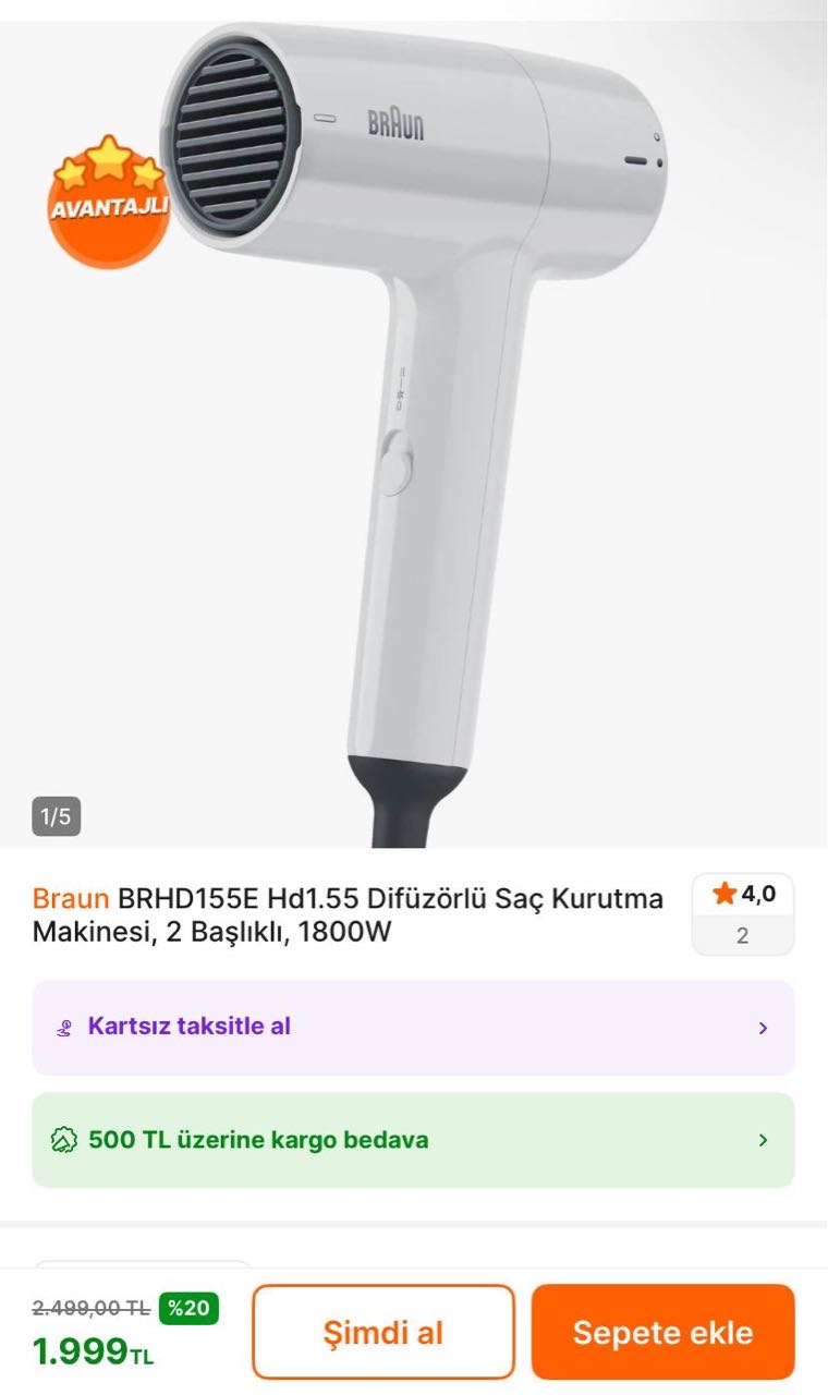 🔥Braun Difüzörlü Saç Kurutma Makinesi
✅1.999TL’ye Düştü - Piyasası 2.999TL+ - Görsel 1