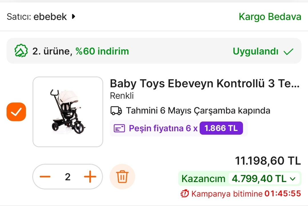 Ebebek koşuuunn 2. Ürüne %60 indirim ile ebeveyn kontrollü 3 teker bisikletler 5600 TL'ye geliyor - Görsel 1