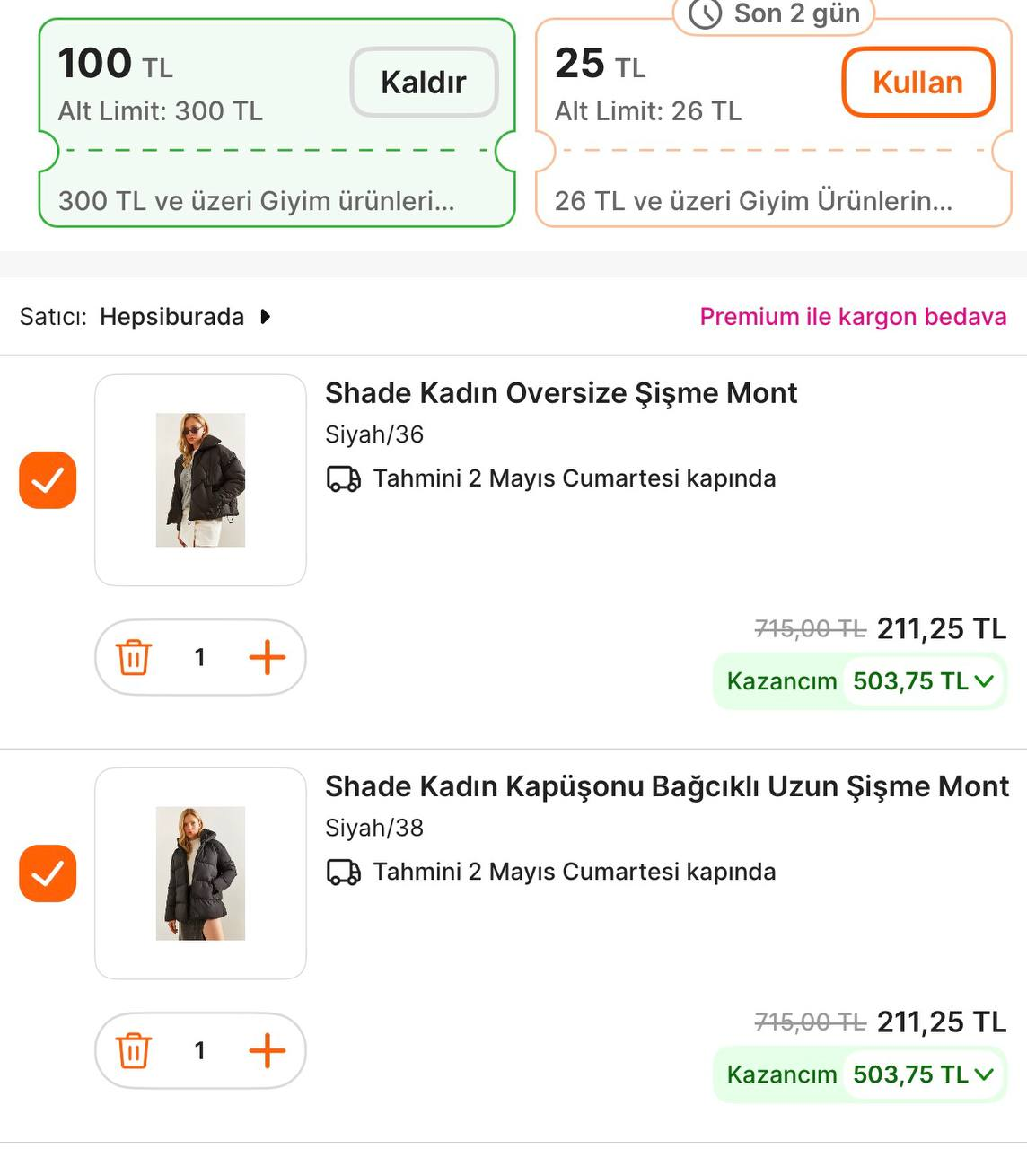 Koşş Giyim ürünleri 2 al 1 öde Montlar 211 TL, Bluzler 35 TL, pantolonlar 104 TLHepsiburada - Görsel 1