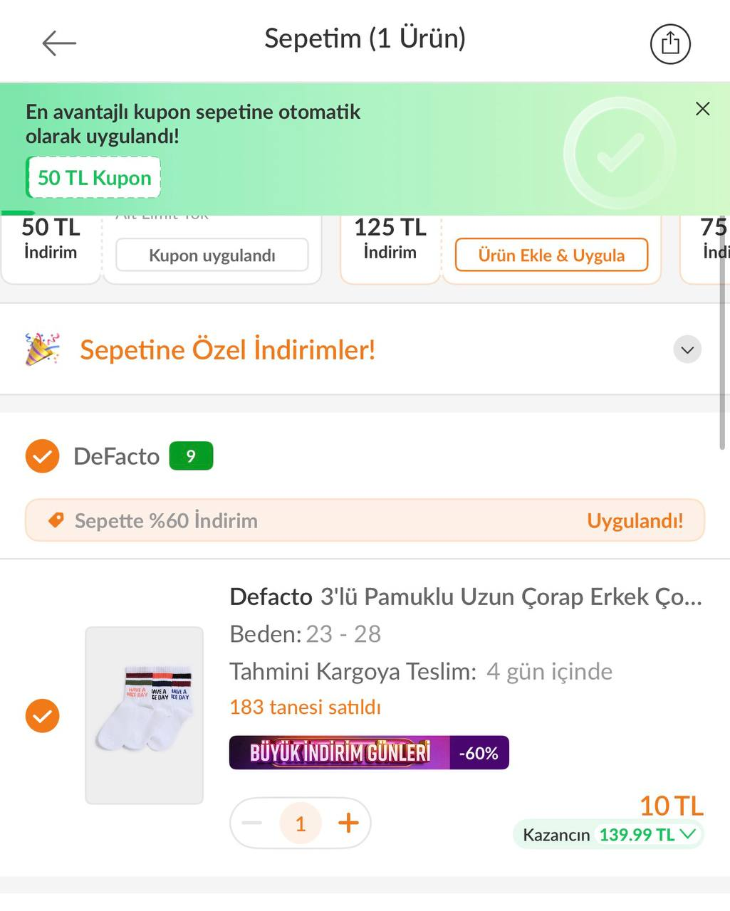 Trendyol Defacto alt limitsiz 50 TL kupon geldi - Görsel 1
